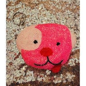 Beaded Pink Puppy Coin Purse Wallet Zippered Keychain Glass Beads EUC